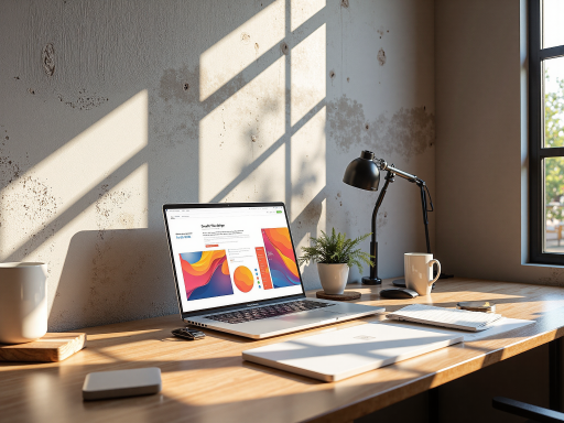 现代化办公桌，笔记本电脑打开状态，周围有成功学书籍和励志文具，背景模糊，光线明亮