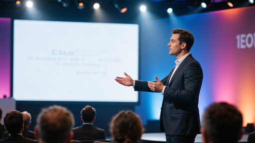 个人成功故事分享会现场，演讲者正在台上分享，台下观众专注聆听，背景有成功学标语，灯光温暖