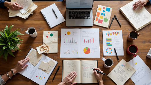 个人成长小组讨论场景，几个人围坐在一起交流，桌上放着笔记本和成功学书籍，氛围积极向上，光线明亮