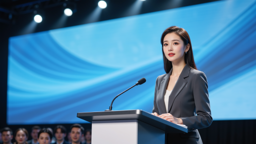 个人演讲比赛现场，参赛者正在台上自信演讲，评委认真聆听，背景有励志标语，氛围热烈