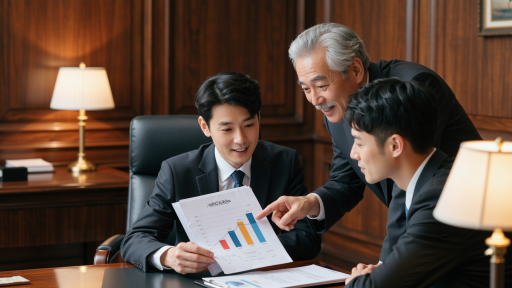个人财务规划咨询场景，顾问正在为客户讲解财务报表，桌面整洁，背景有成功理财相关图表，专业氛围浓厚